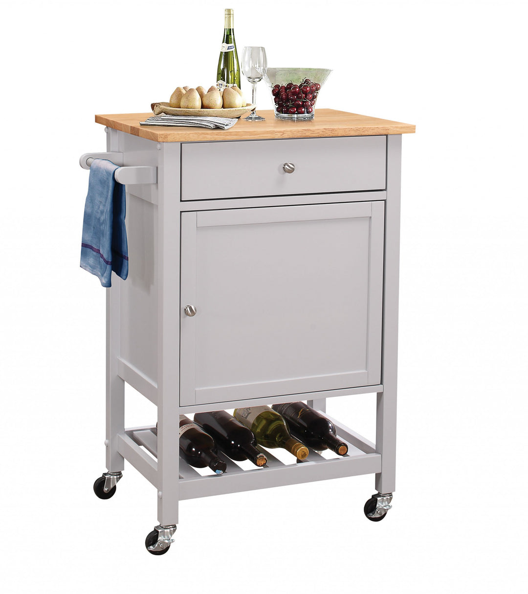 Natural And Gray Rubber Wood Kitchen Cart