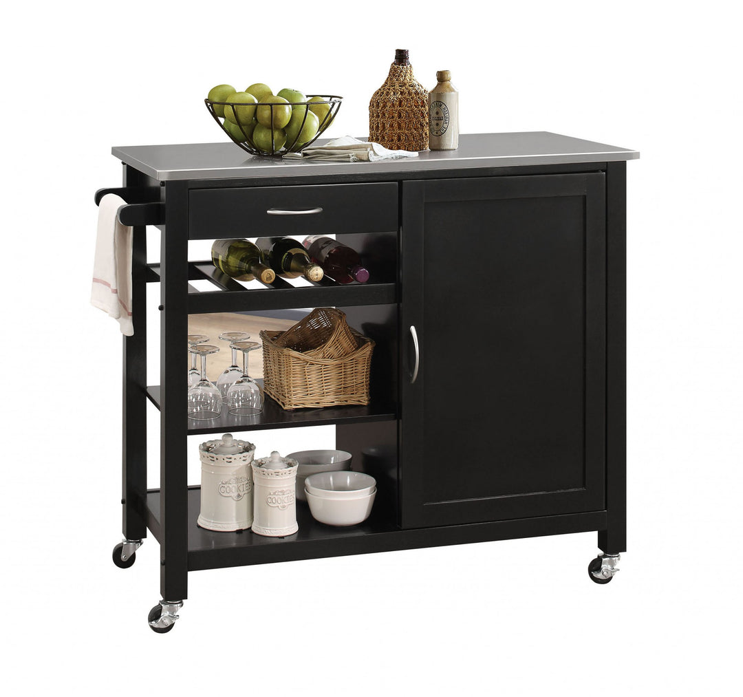 Stainless Steel And Black Kitchen Island
