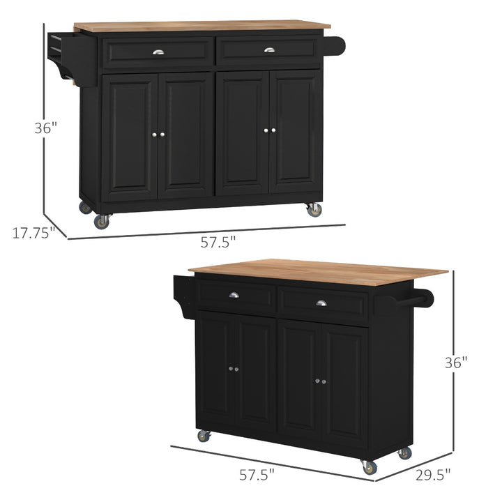 HOMCOM Rolling Kitchen Island on Wheels with Wood Top Drop-Leaf, Storage Drawers, 4-Door Cabinets, Spice Rack,- Black