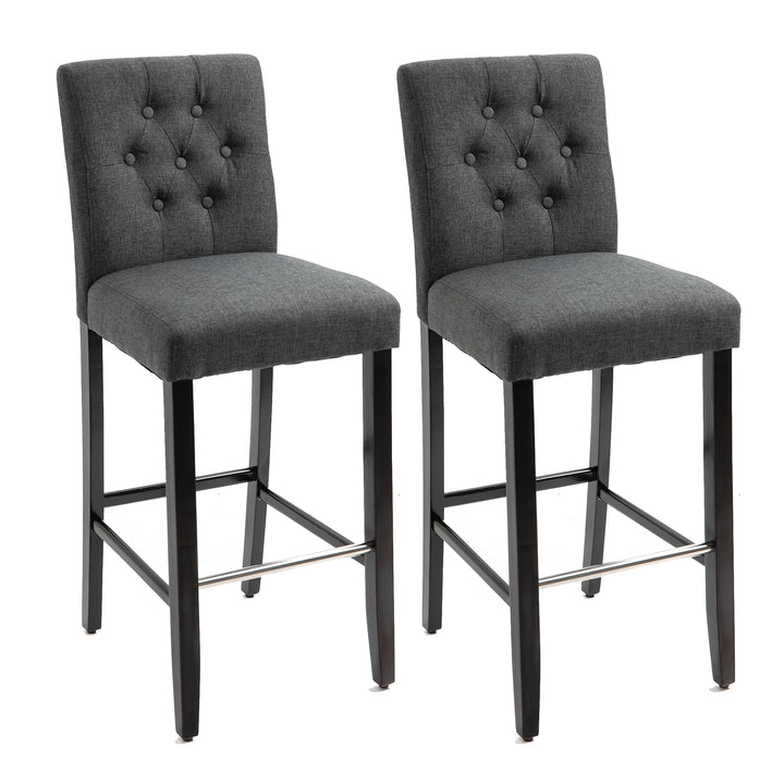 HOMCOM 2 Piece Bar Height Barstools, 30 Inches Linen Upholstered Breakfast Stools, Bar Chairs with Back, Footrest and Solid Wood Leg, Armless Seat for Kitchen, Dining Room, Grey