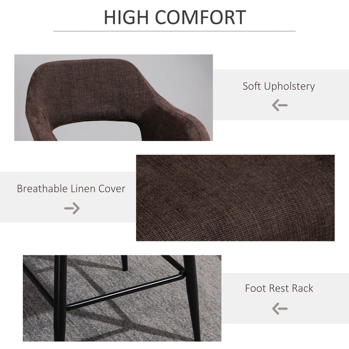 HOMCOM Counter Height Barstool Linen Fabric Upholstered Kitchen Breaskfast Chair with Footrest & Metal Legs, Dark Brown