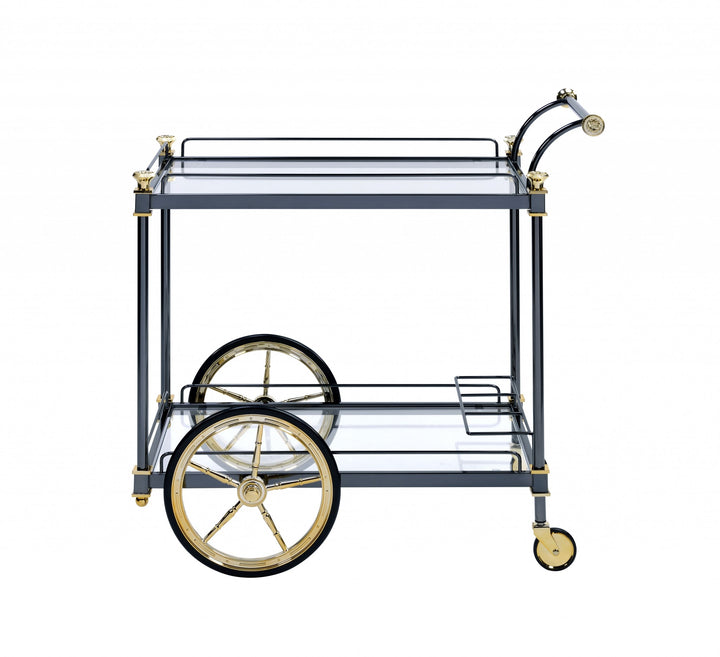 Black Gold Clear Glass Metal Casters Bar Cart