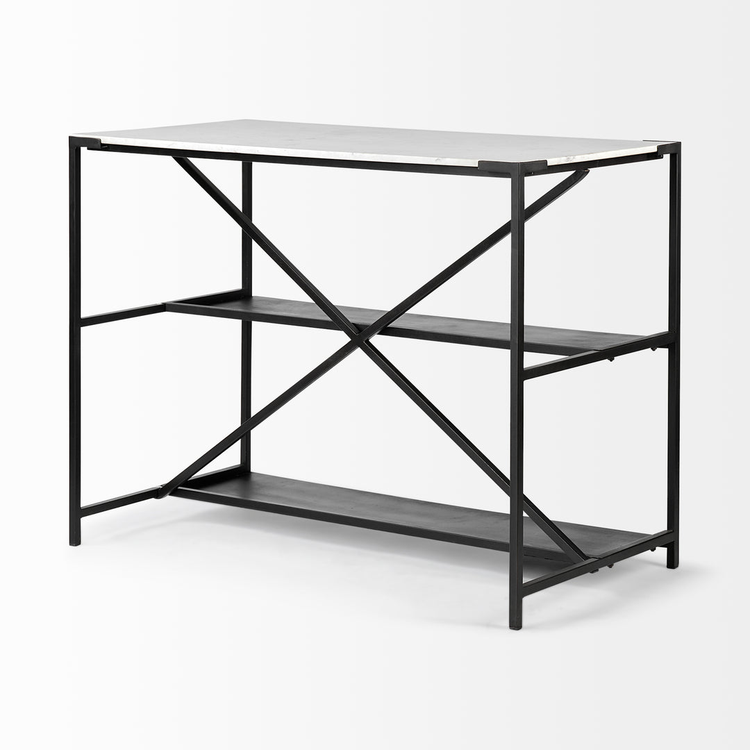 Black Two Tier Iron Body Kitchen Island with White Marble Top