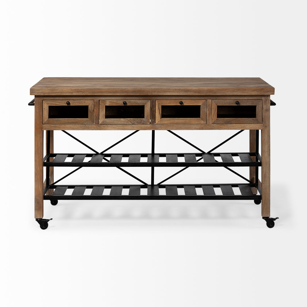 Brown Solid Wood Top Kitchen Island with Two Tier Black Metal Rolling