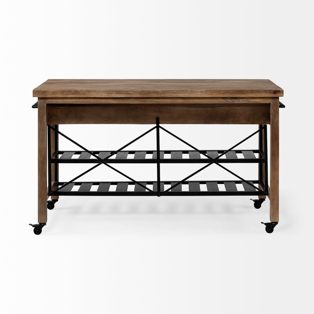 Brown Solid Wood Top Kitchen Island with Two Tier Black Metal Rolling