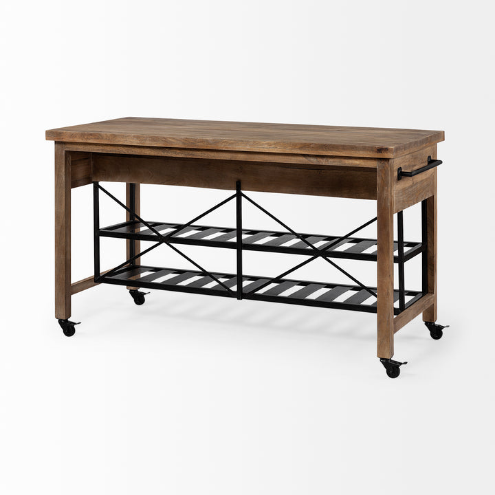 Brown Solid Wood Top Kitchen Island with Two Tier Black Metal Rolling