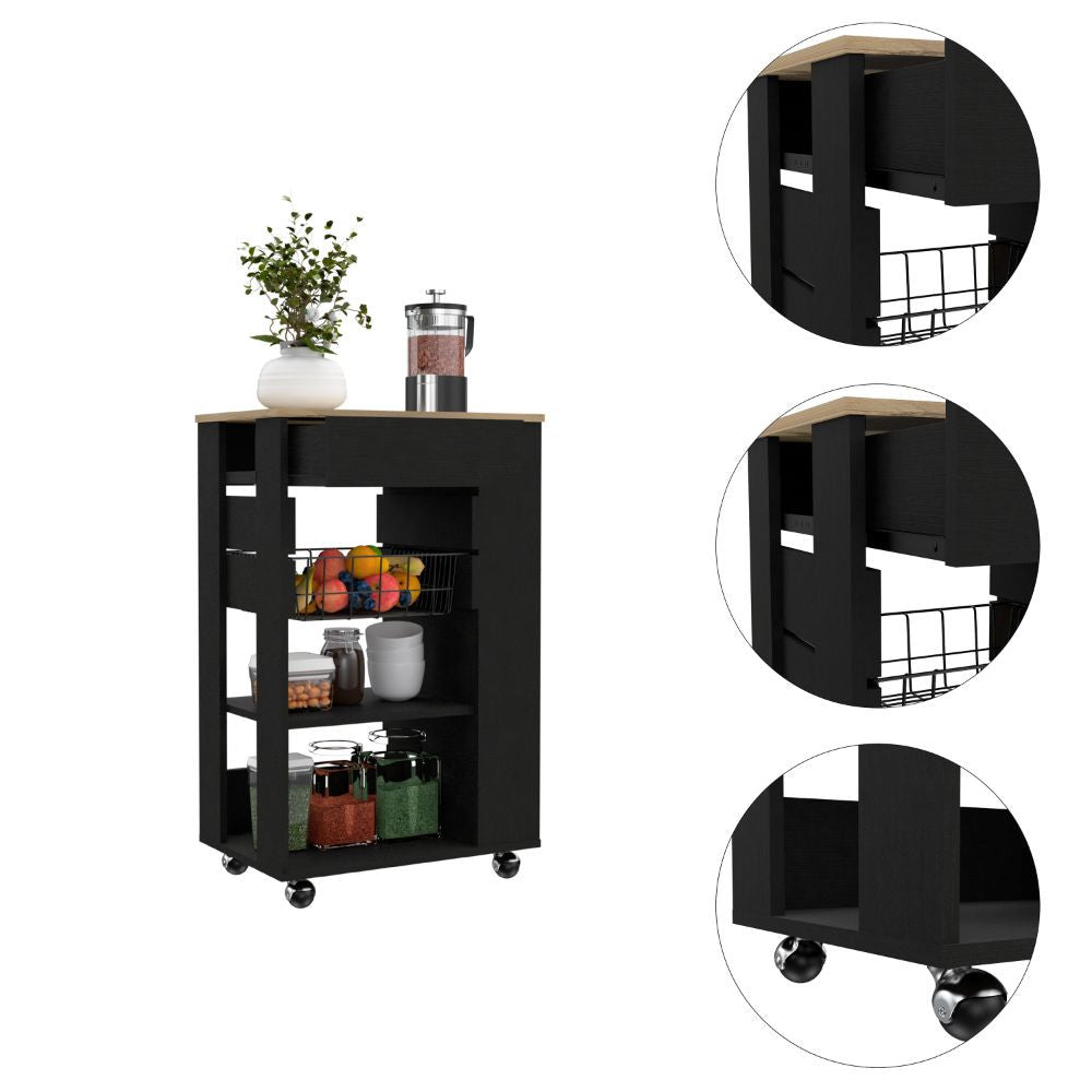 Sleek Black and Light Oak Portable Kitchen Cart